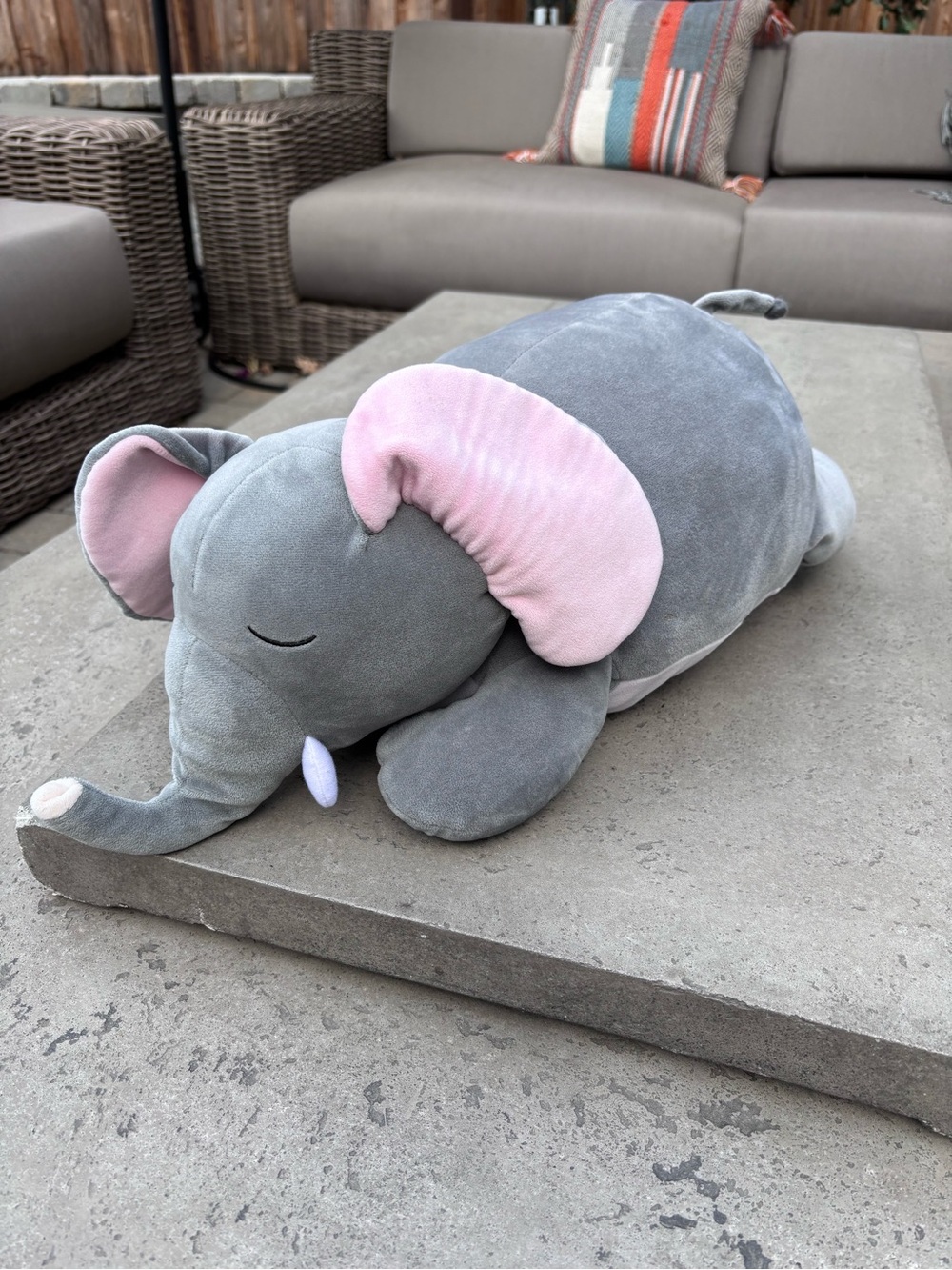 Plush Grey Elephant Throw Pillow with Pink Ears 20” Soft Home Accent